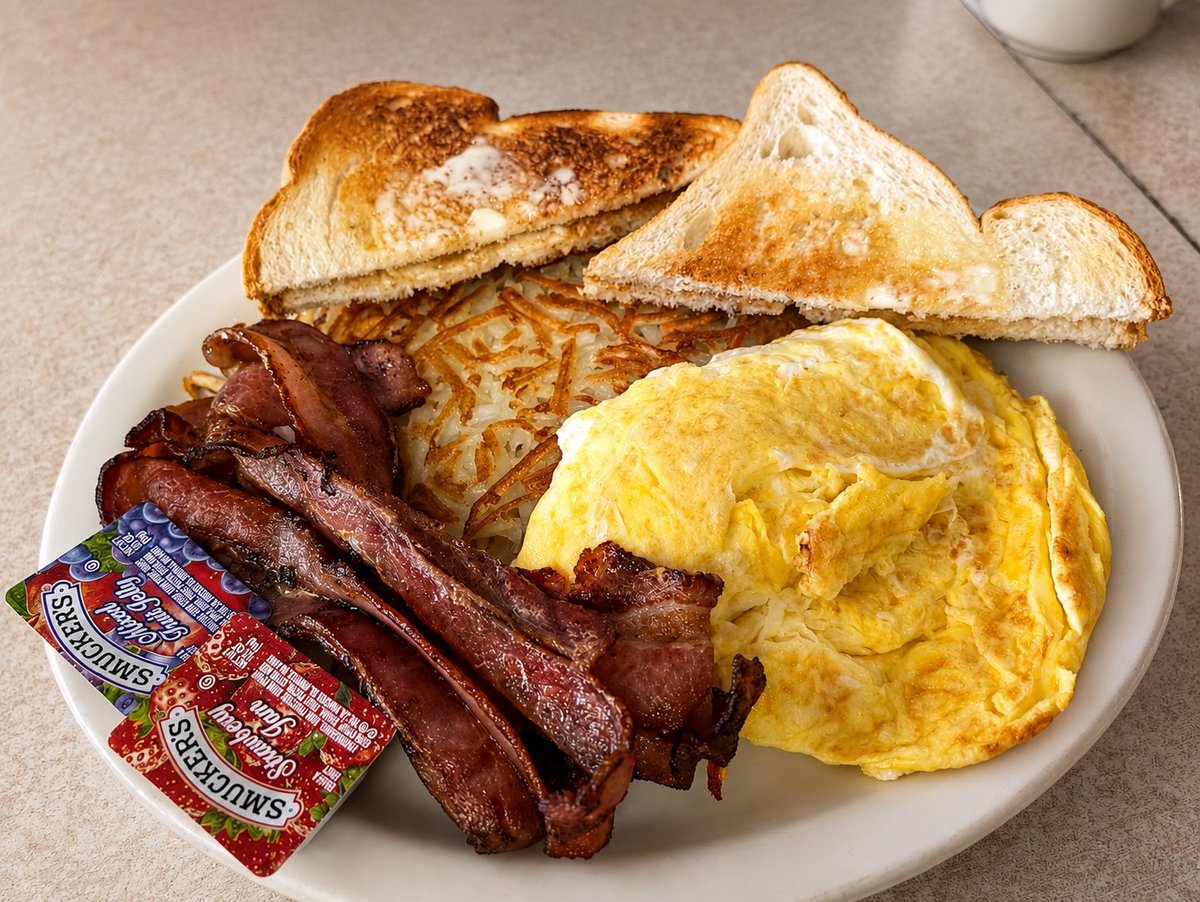 Breakfast plate with scrambled eggs, crispy bacon strips, hash browns, and toasted bread slices with butter on a white plate